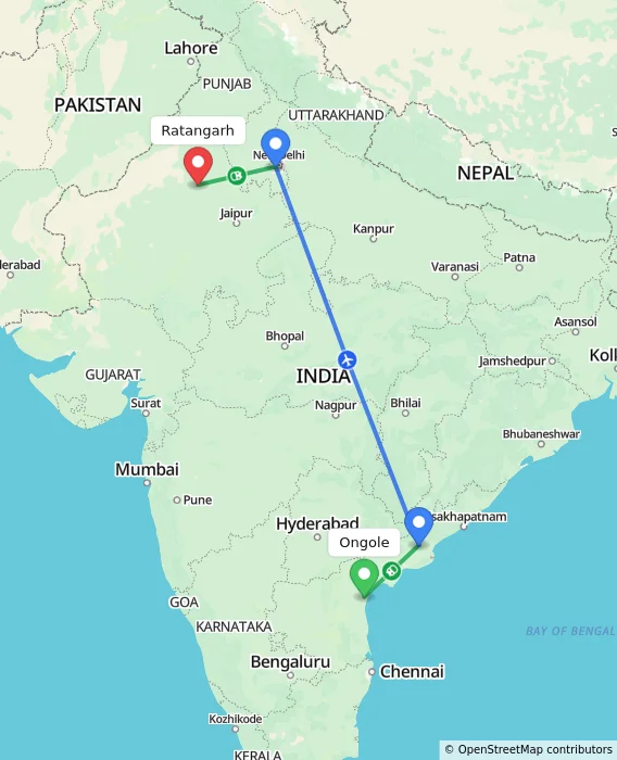 Route map showing distance and travel time from Ongole, India to Ratangarh, India