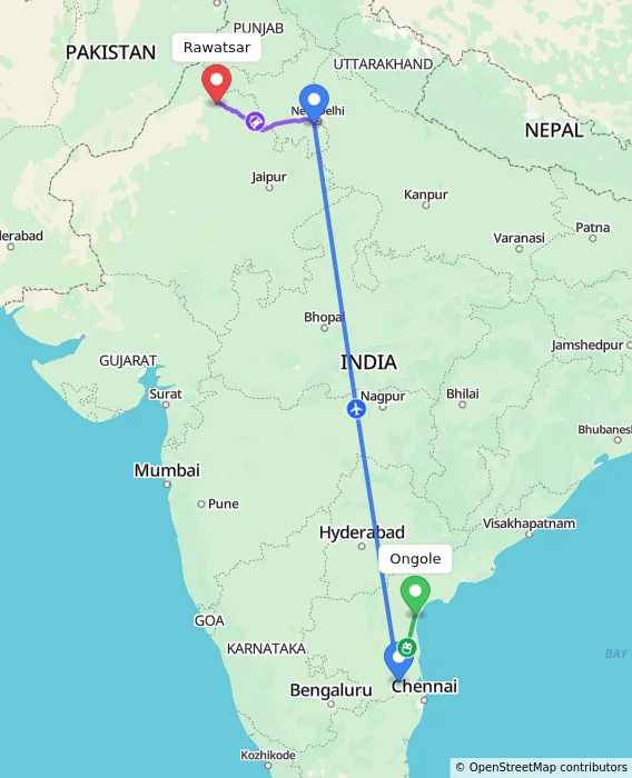 Route map showing distance and travel time from Ongole, India to Rawatsar, India