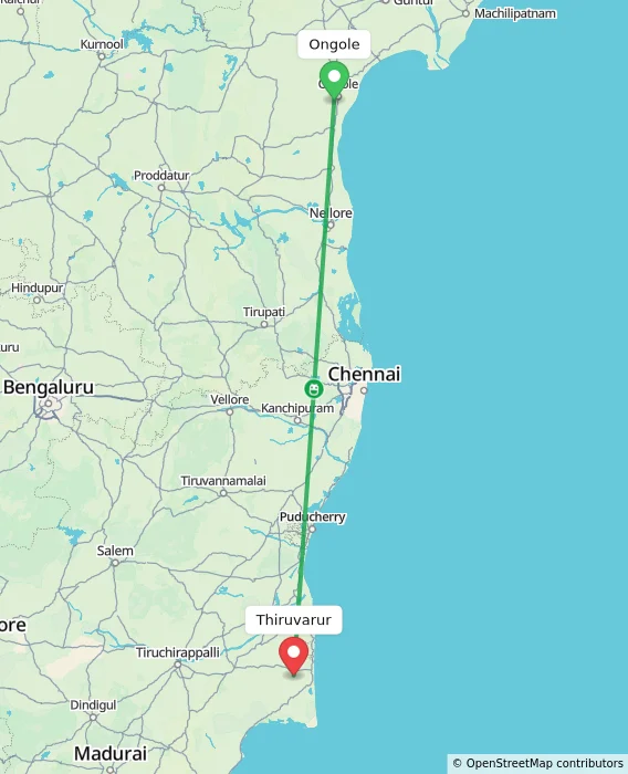 Route map showing distance and travel time from Ongole, India to Thiruvarur, India