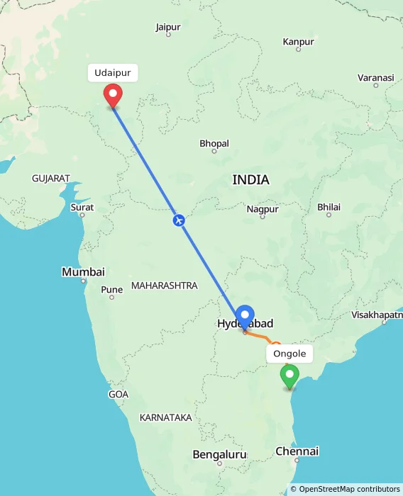 Route map showing distance and travel time from Ongole, India to Udaipur, India