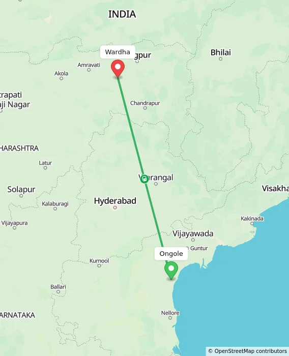 Route map showing distance and travel time from Ongole, India to Wardha, India