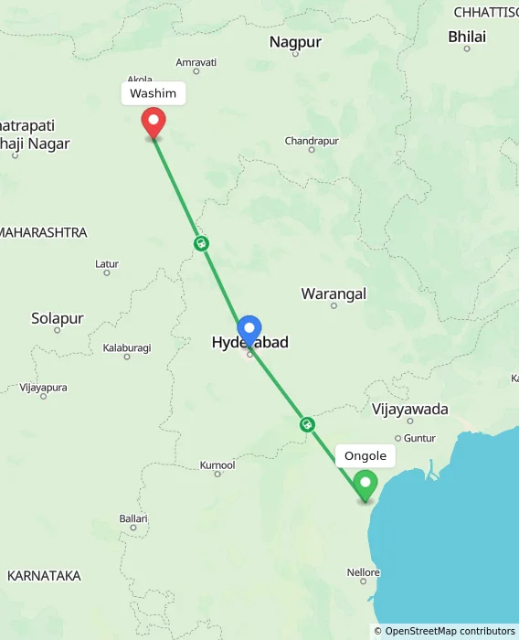 Route map showing distance and travel time from Ongole, India to Washim, India