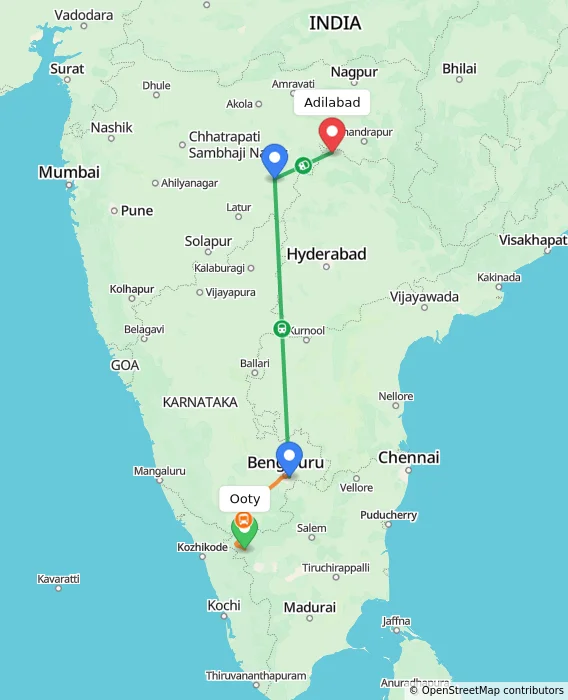 Route map showing distance and travel time from Ooty, India to Adilabad, India