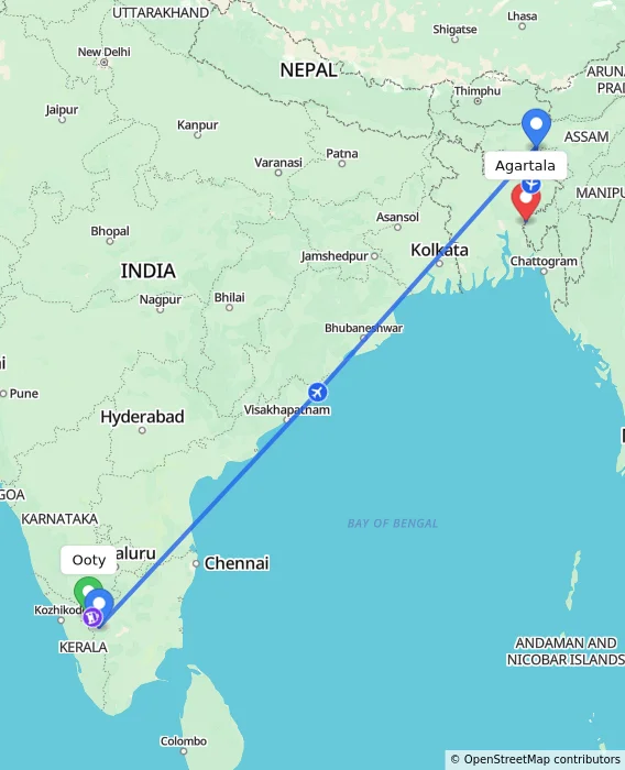 Route map showing distance and travel time from Ooty, India to Agartala, India