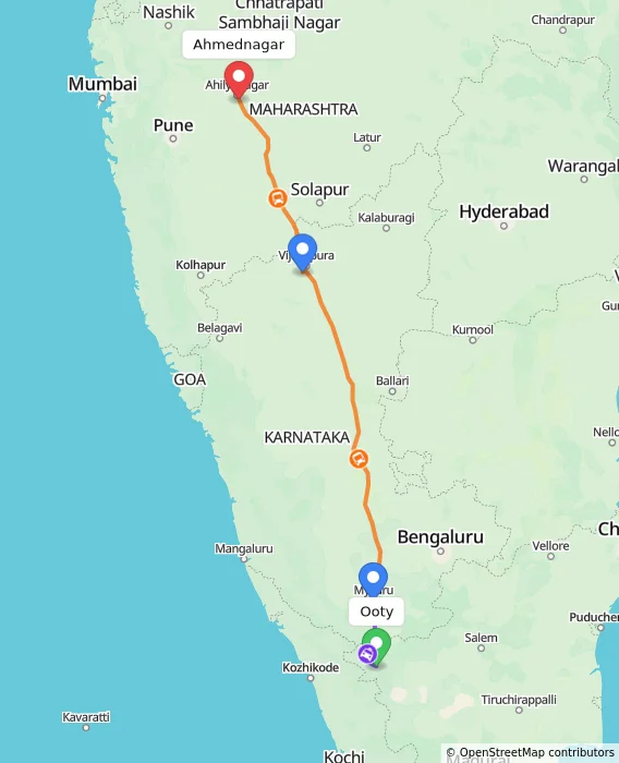 Route map showing distance and travel time from Ooty, India to Ahmednagar, India