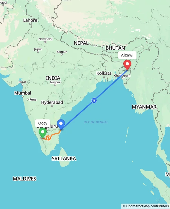 Route map showing distance and travel time from Ooty, India to Aizawl, India