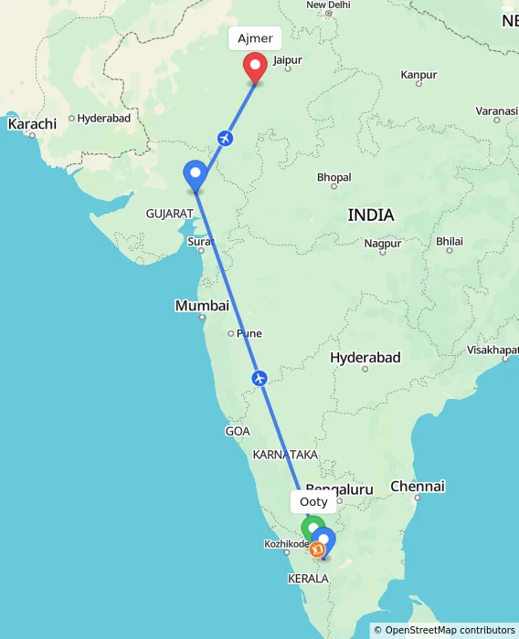 Route map showing distance and travel time from Ooty, India to Ajmer, India