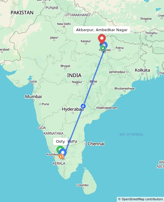 Route map showing distance and travel time from Ooty, India to Akbarpur, Ambedkar Nagar, India