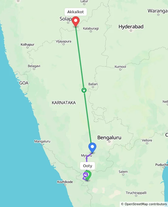 Route map showing distance and travel time from Ooty, India to Akkalkot, India