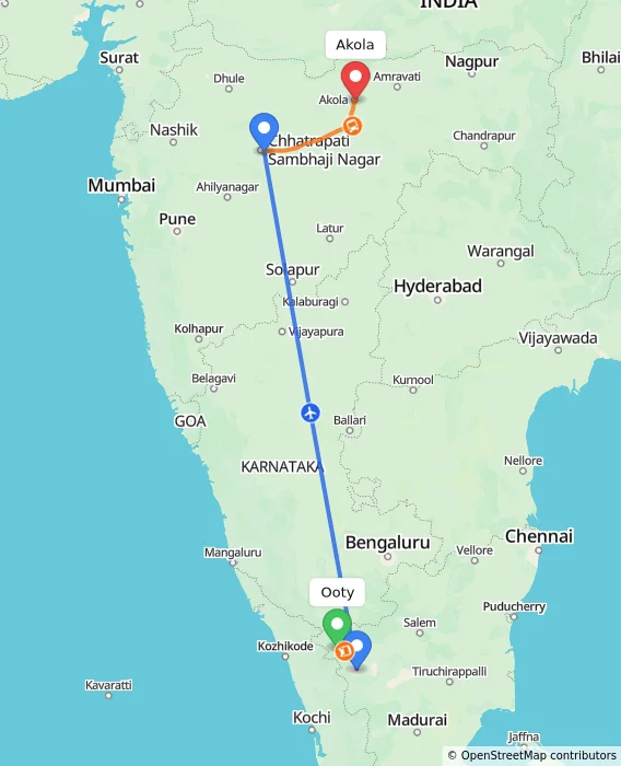 Route map showing distance and travel time from Ooty, India to Akola, India