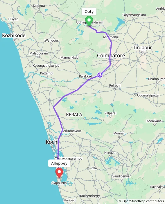 Route map showing distance and travel time from Ooty, India to Alappuzha, India