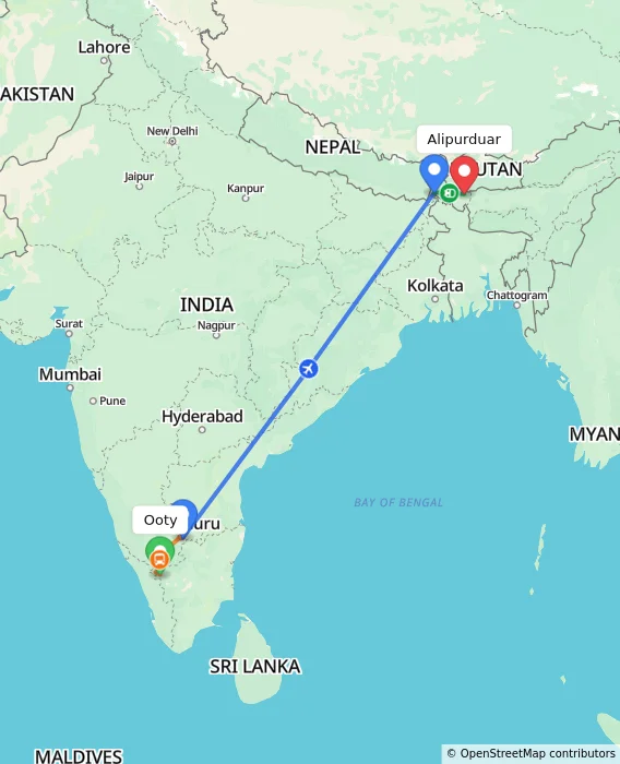 Route map showing distance and travel time from Ooty, India to Alipurduar, India