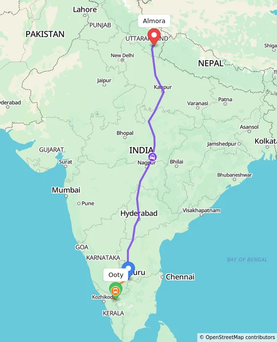 Route map showing distance and travel time from Ooty, India to Almora, India