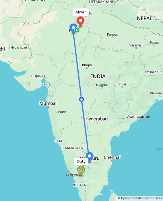 Route map showing distance and travel time from Ooty, India to Alwar, India