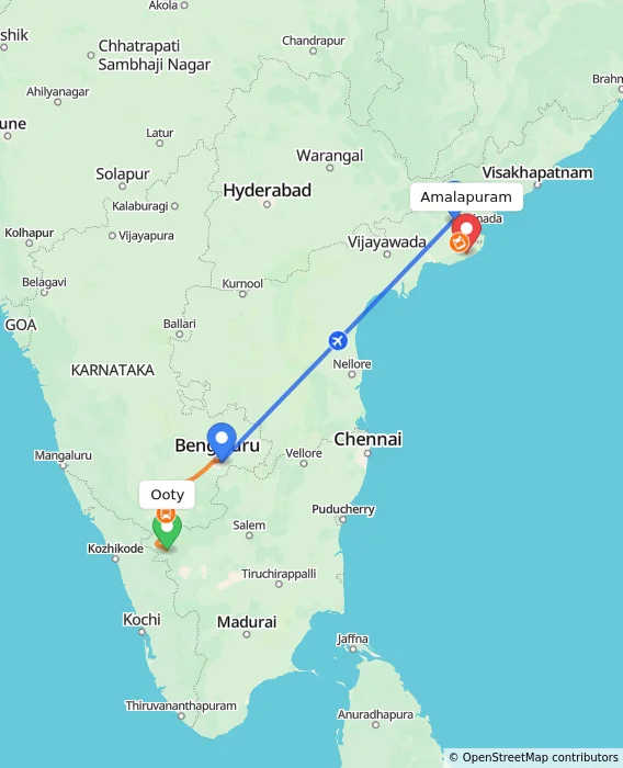 Route map showing distance and travel time from Ooty, India to Amalapuram, India