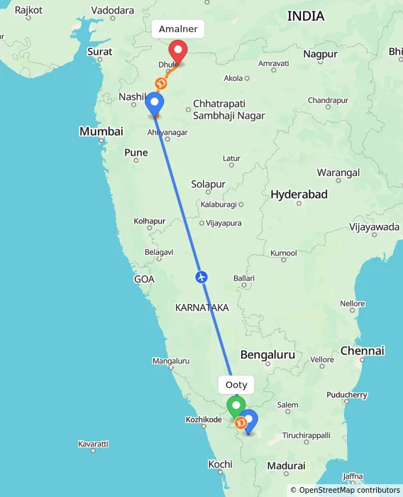 Route map showing distance and travel time from Ooty, India to Amalner, India