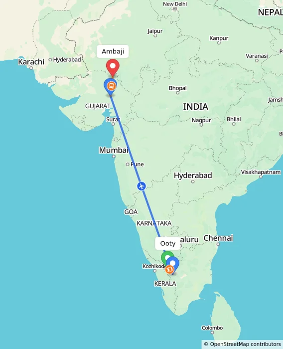 Route map showing distance and travel time from Ooty, India to Ambaji, India