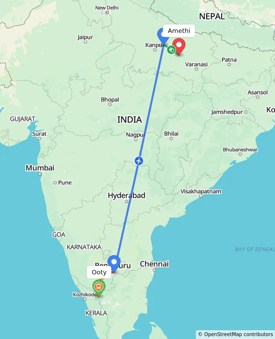 Route map showing distance and travel time from Ooty, India to Amethi, India