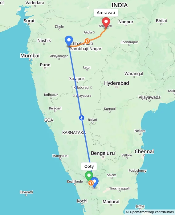 Route map showing distance and travel time from Ooty, India to Amravati, India