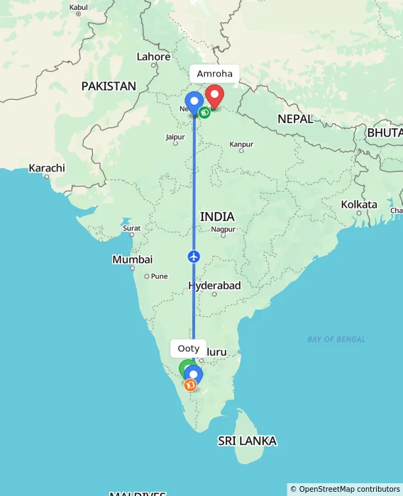 Route map showing distance and travel time from Ooty, India to Amroha, India