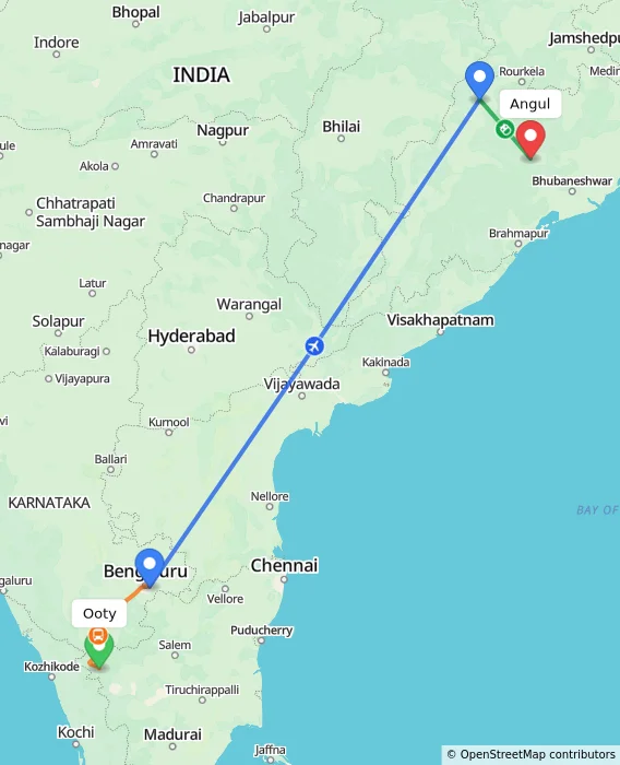Route map showing distance and travel time from Ooty, India to Angul, India