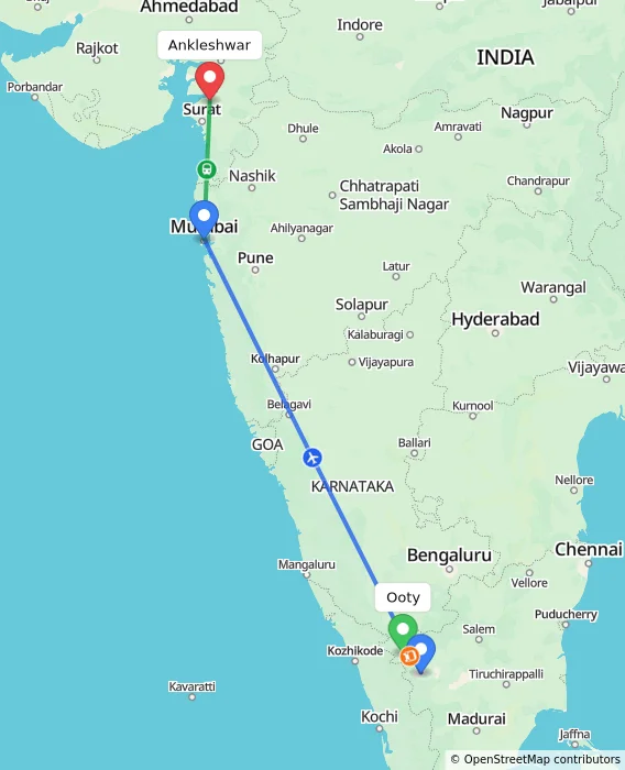 Route map showing distance and travel time from Ooty, India to Ankleshwar, India