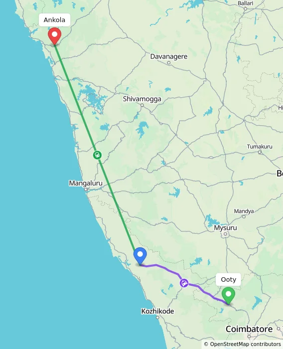 Route map showing distance and travel time from Ooty, India to Ankola, India