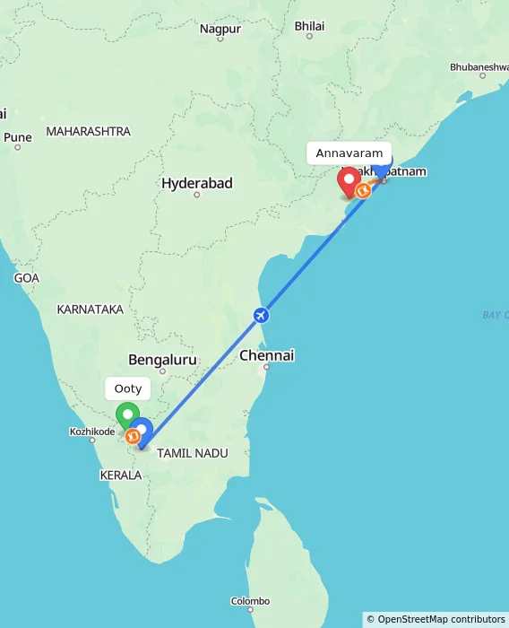 Route map showing distance and travel time from Ooty, India to Annavaram, India