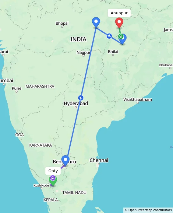 Route map showing distance and travel time from Ooty, India to Anuppur, India