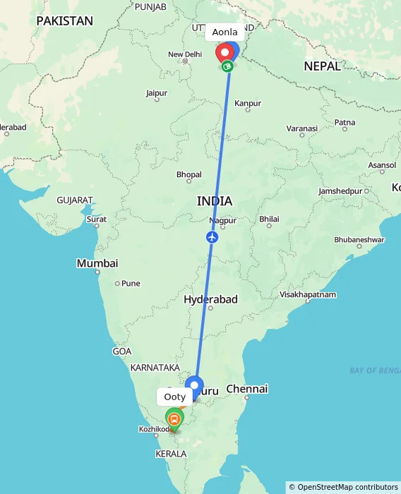 Route map showing distance and travel time from Ooty, India to Aonla, India