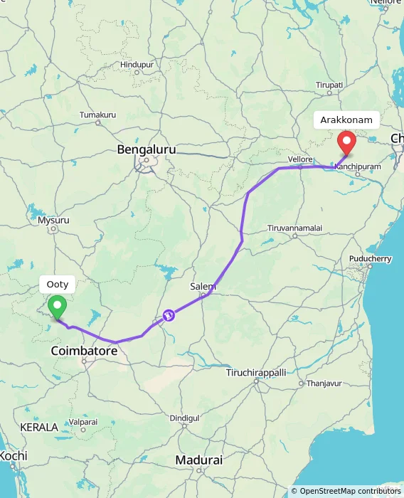 Route map showing distance and travel time from Ooty, India to Arakkonam, India