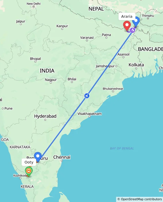 Route map showing distance and travel time from Ooty, India to Araria, India
