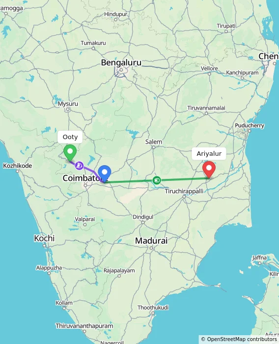 Route map showing distance and travel time from Ooty, India to Ariyalur, India