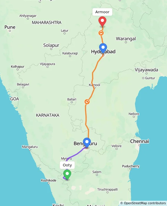 Route map showing distance and travel time from Ooty, India to Armoor, India