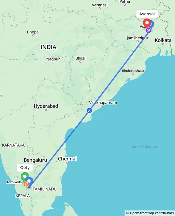 Route map showing distance and travel time from Ooty, India to Asansol, India