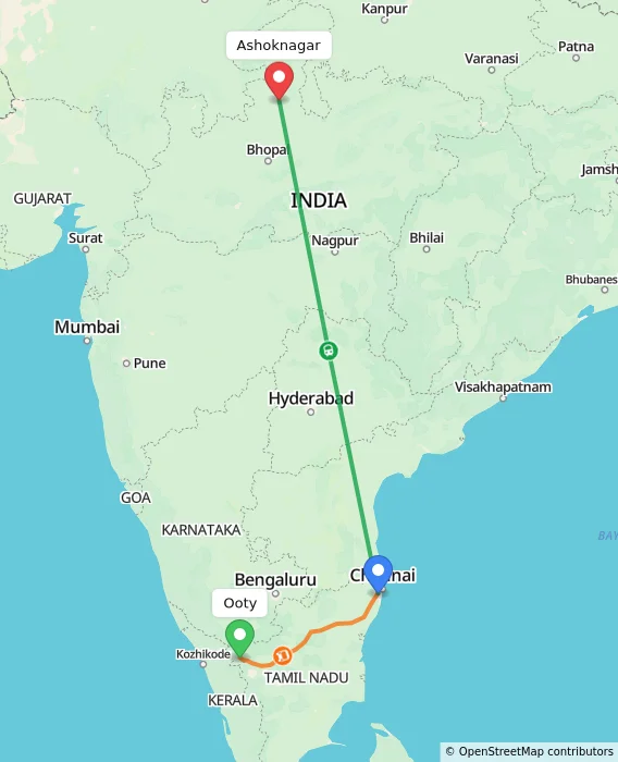 Route map showing distance and travel time from Ooty, India to Ashoknagar, India