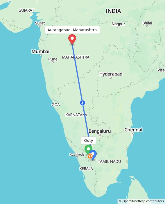 Route map showing distance and travel time from Ooty, India to Aurangabad, Maharashtra, India
