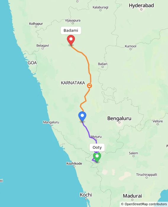 Route map showing distance and travel time from Ooty, India to Badami, India