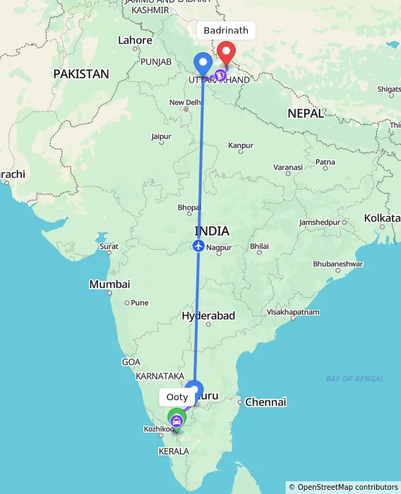 Route map showing distance and travel time from Ooty, India to Badrinath, India