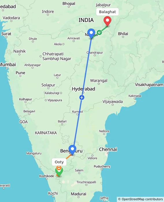 Route map showing distance and travel time from Ooty, India to Balaghat, India