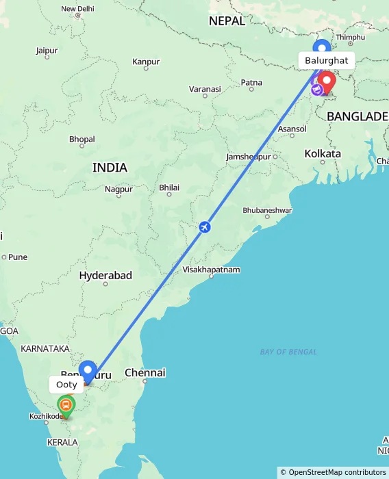 Route map showing distance and travel time from Ooty, India to Balurghat, India