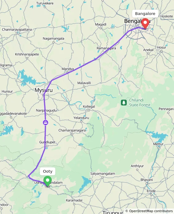 Route map showing distance and travel time from Ooty, India to Bangalore, India