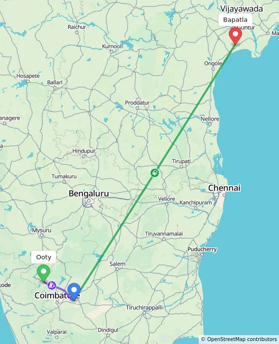 Route map showing distance and travel time from Ooty, India to Bapatla, India
