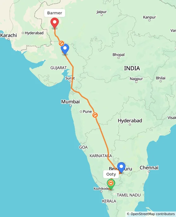 Route map showing distance and travel time from Ooty, India to Barmer, India
