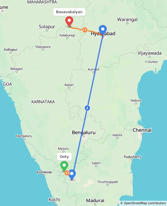 Route map showing distance and travel time from Ooty, India to Basavakalyan, India