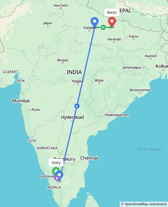 Route map showing distance and travel time from Ooty, India to Basti, India