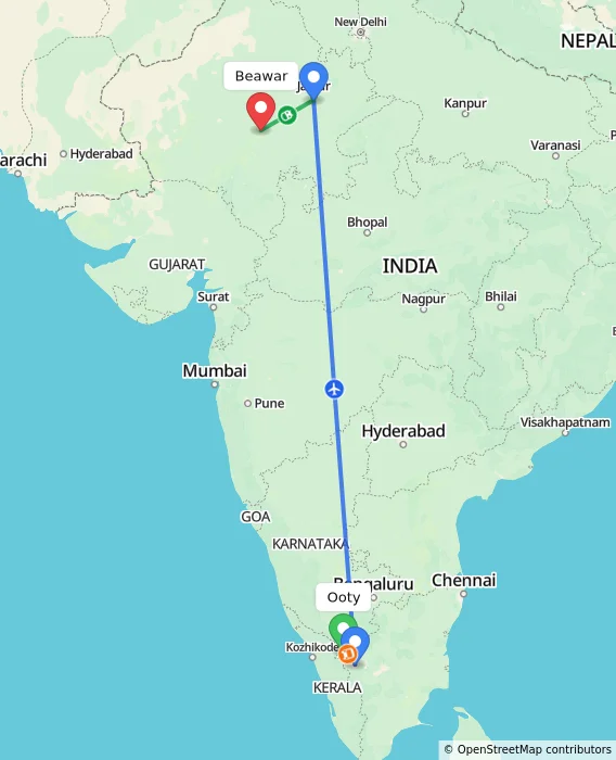 Route map showing distance and travel time from Ooty, India to Beawar, India