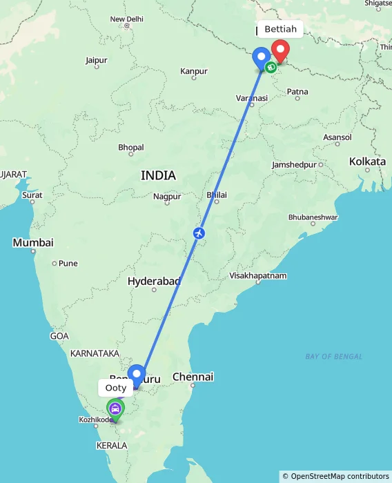 Route map showing distance and travel time from Ooty, India to Bettiah, India