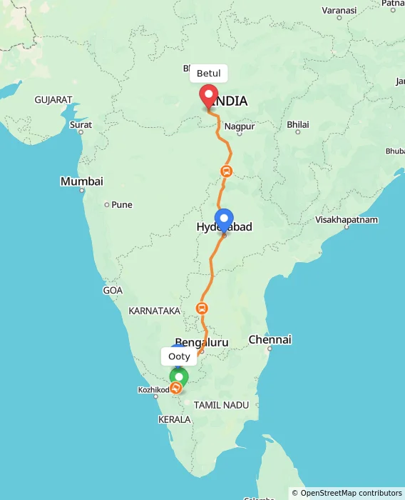 Route map showing distance and travel time from Ooty, India to Betul, India
