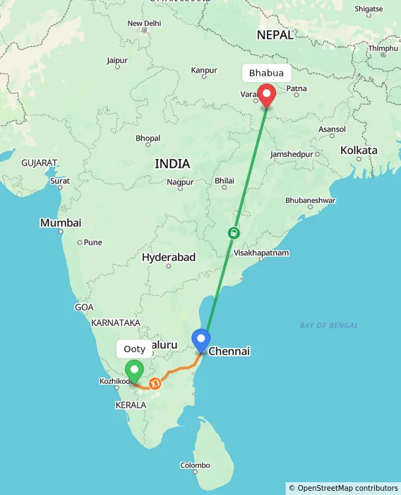 Route map showing distance and travel time from Ooty, India to Bhabua, India